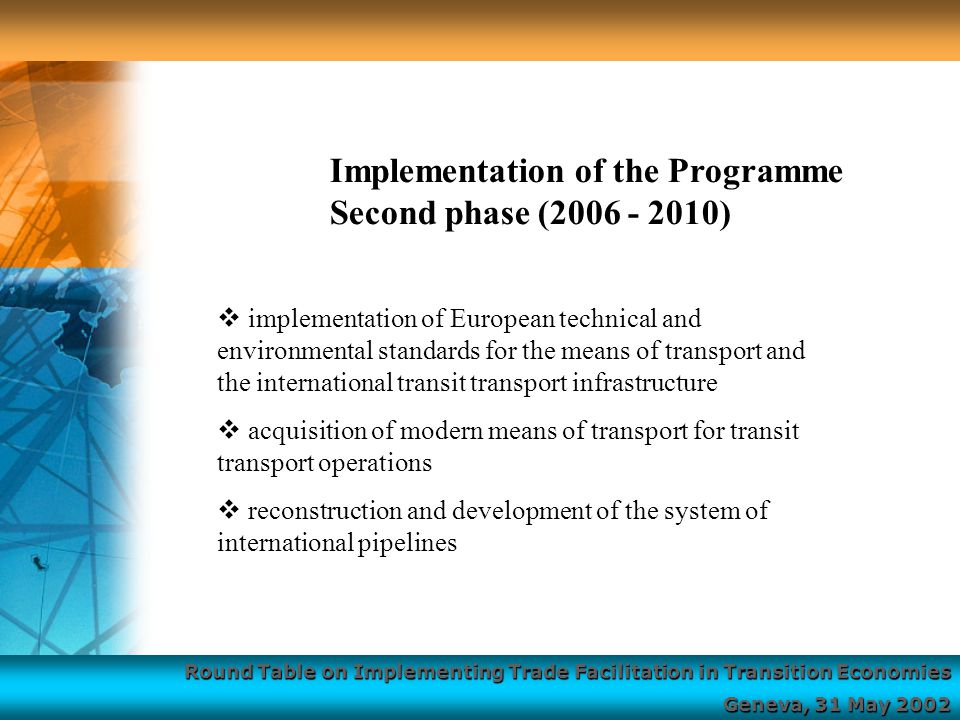 Round Table on Implementing Trade Facilitation in Transition Economies Geneva, 31 May 2002  implementation of European technical and environmental standards for the means of transport and the international transit transport infrastructure  acquisition of modern means of transport for transit transport operations  reconstruction and development of the system of international pipelines Implementation of the Programme Second phase ( )