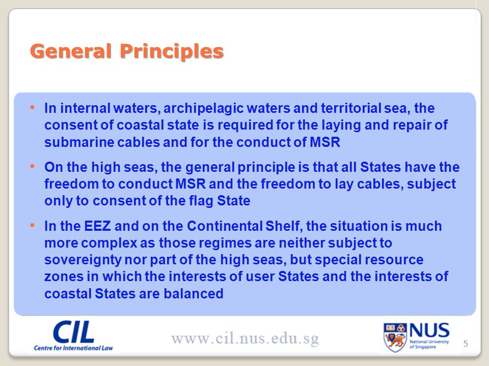 In internal waters, archipelagic waters and territorial sea, the consent of coastal state is required for the laying and repair of submarine cables and for the conduct of MSR On the high seas, the general principle is that all States have the freedom to conduct MSR and the freedom to lay cables, subject only to consent of the flag State In the EEZ and on the Continental Shelf, the situation is much more complex as those regimes are neither subject to sovereignty nor part of the high seas, but special resource zones in which the interests of user States and the interests of coastal States are balanced General Principles 5