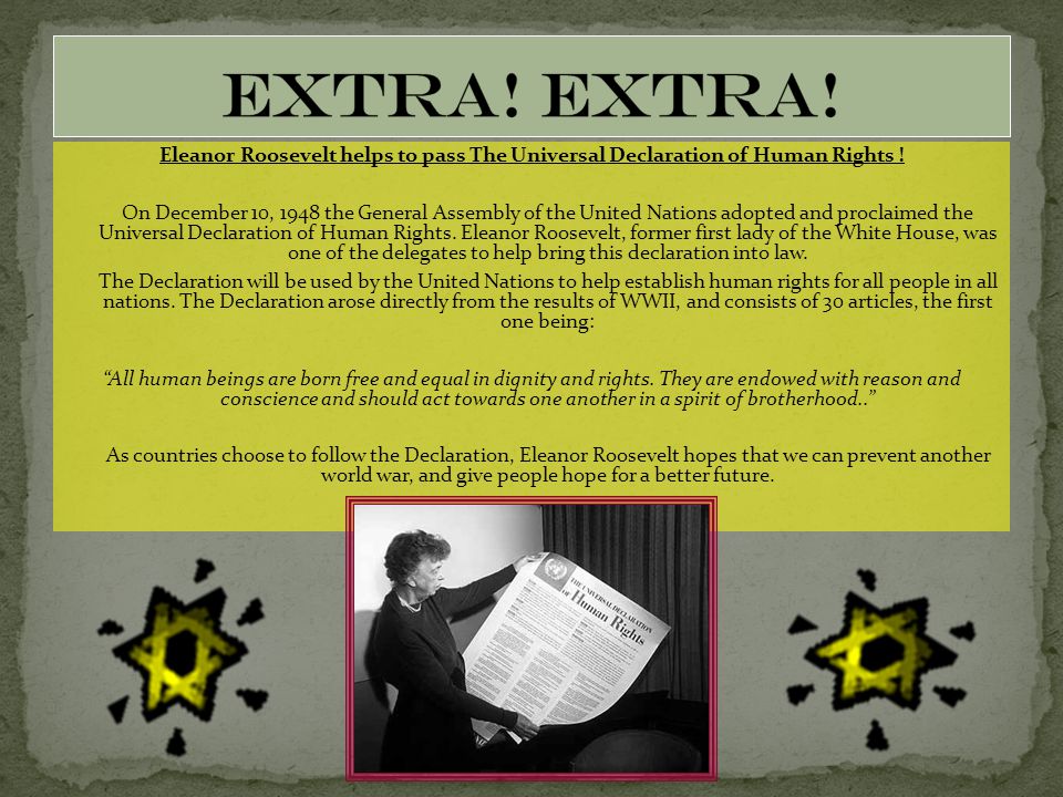 Newspaper article Eleanor Roosevelt helps to pass The Universal Declaration of Human Rights .