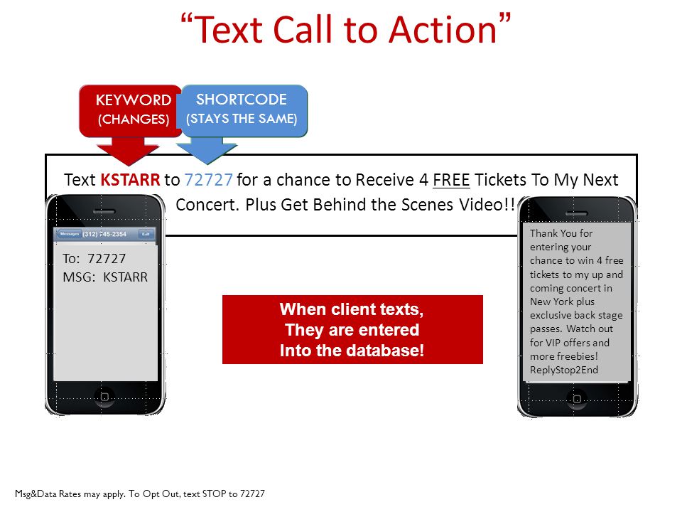 Text Call to Action Text KSTARR to for a chance to Receive 4 FREE Tickets To My Next Concert.