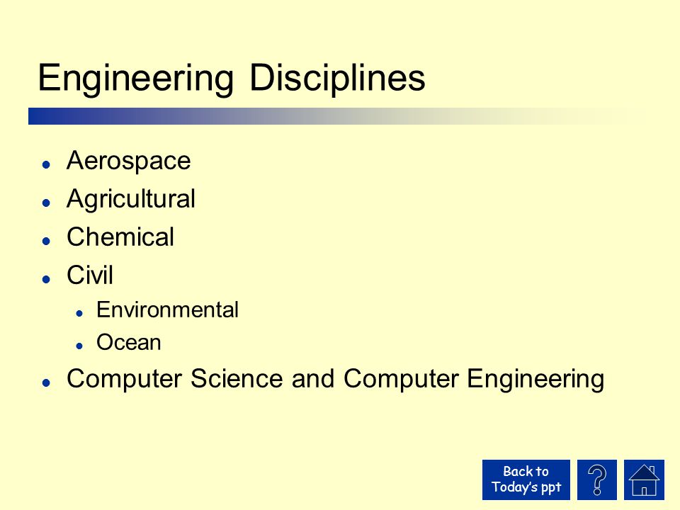 Back to Today’s ppt Engineering Disciplines l Aerospace l Agricultural l Chemical l Civil l Environmental l Ocean l Computer Science and Computer Engineering