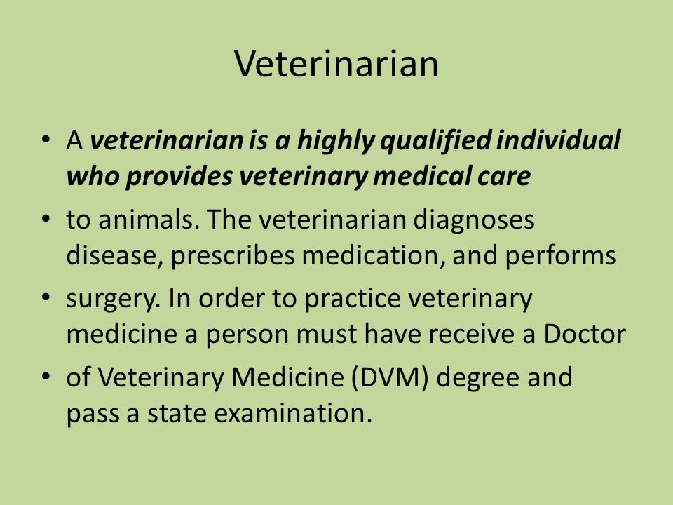 Veterinarian A veterinarian is a highly qualified individual who provides veterinary medical care to animals.