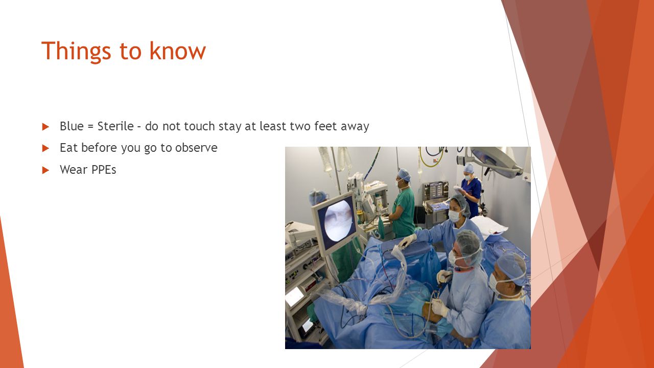 Things to know  Blue = Sterile – do not touch stay at least two feet away  Eat before you go to observe  Wear PPEs