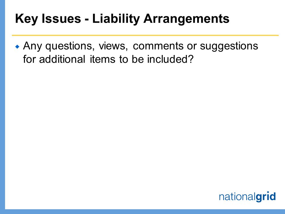 Key Issues - Liability Arrangements  Any questions, views, comments or suggestions for additional items to be included