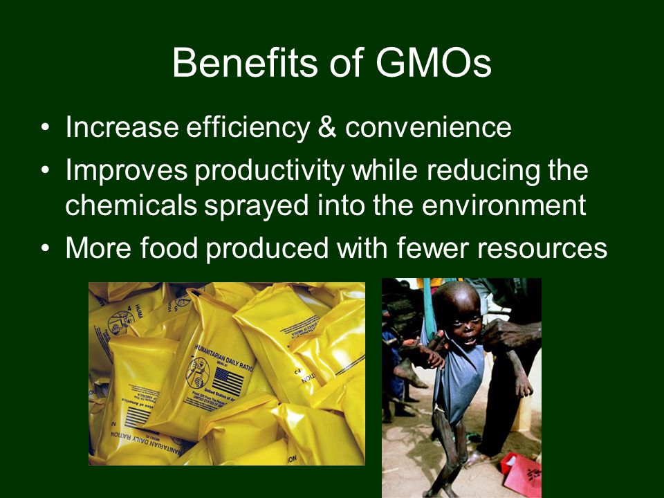Benefits of GMOs Increase efficiency & convenience Improves productivity while reducing the chemicals sprayed into the environment More food produced with fewer resources