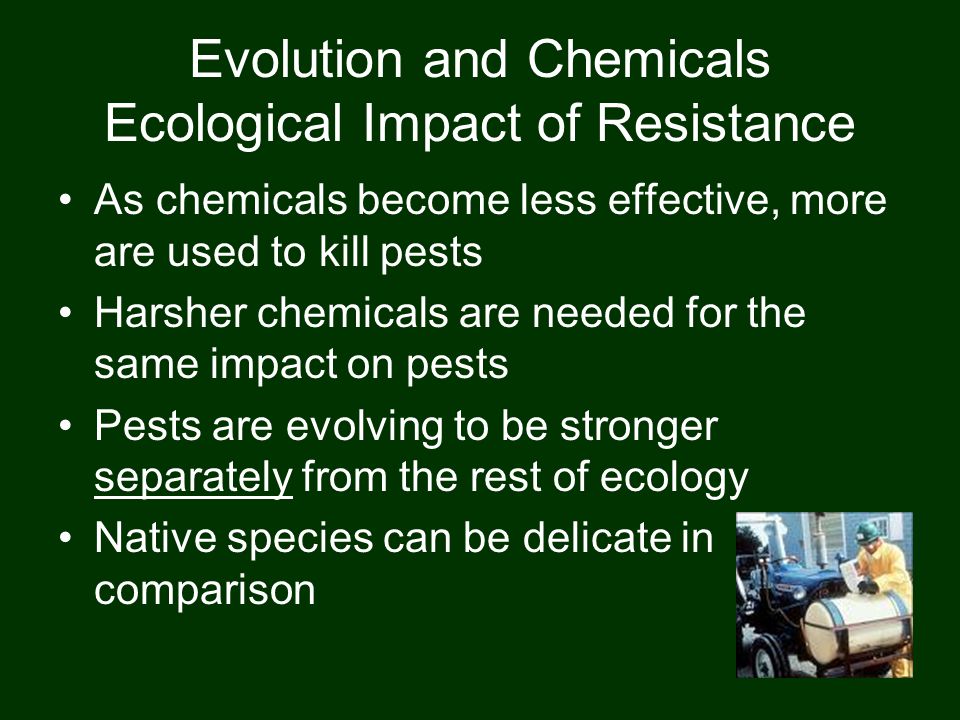 Evolution and Chemicals Ecological Impact of Resistance As chemicals become less effective, more are used to kill pests Harsher chemicals are needed for the same impact on pests Pests are evolving to be stronger separately from the rest of ecology Native species can be delicate in comparison
