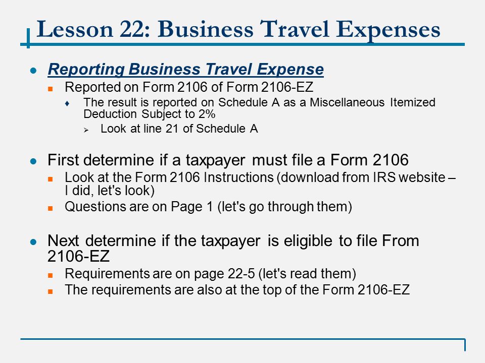 vita 01 17 09 lesson 22 business travel expense winter 2008 form 2106