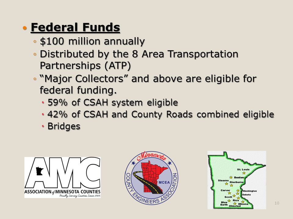 Federal Funds Federal Funds ◦$100 million annually ◦Distributed by the 8 Area Transportation Partnerships (ATP) ◦ Major Collectors and above are eligible for federal funding.
