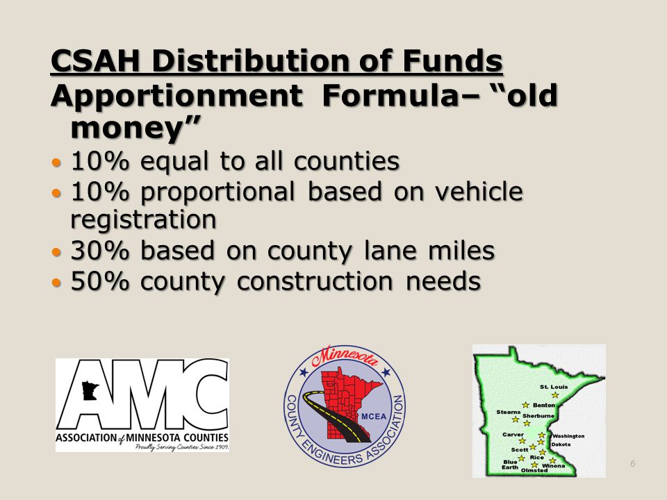 CSAH Distribution of Funds Apportionment Formula– old money 10% equal to all counties 10% equal to all counties 10% proportional based on vehicle registration 10% proportional based on vehicle registration 30% based on county lane miles 30% based on county lane miles 50% county construction needs 50% county construction needs 6