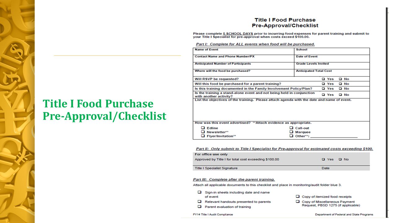 Title I Food Purchase Pre-Approval/Checklist