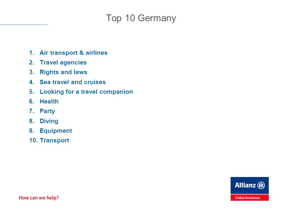 1.Air transport & airlines 2.Travel agencies 3.Rights and laws 4.Sea travel and cruises 5.Looking for a travel companion 6.Health 7.Party 8.Diving 9.Equipment 10.Transport Top 10 Germany