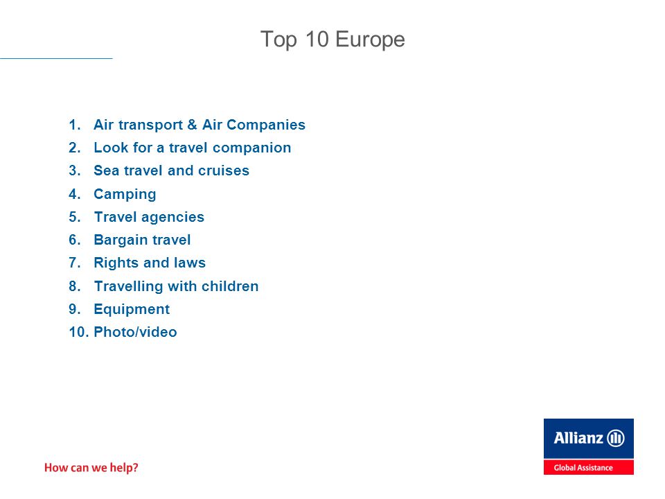 1.Air transport & Air Companies 2.Look for a travel companion 3.Sea travel and cruises 4.Camping 5.Travel agencies 6.Bargain travel 7.Rights and laws 8.Travelling with children 9.Equipment 10.Photo/video Top 10 Europe