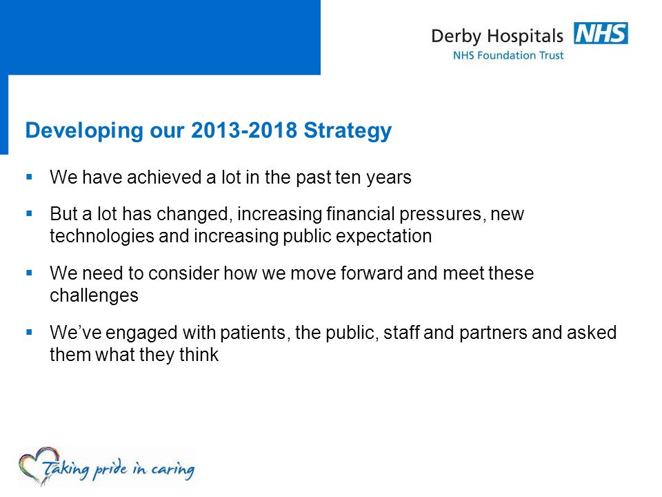 Developing our Strategy  We have achieved a lot in the past ten years  But a lot has changed, increasing financial pressures, new technologies and increasing public expectation  We need to consider how we move forward and meet these challenges  We’ve engaged with patients, the public, staff and partners and asked them what they think