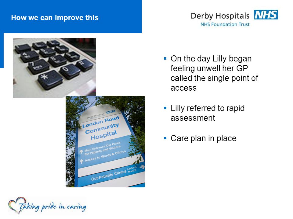 How we can improve this  On the day Lilly began feeling unwell her GP called the single point of access  Lilly referred to rapid assessment  Care plan in place