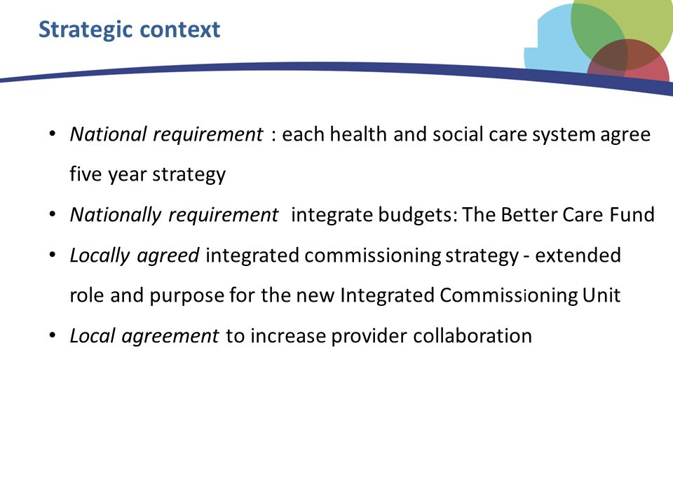 Strategic context National requirement : each health and social care system agree five year strategy Nationally requirement integrate budgets: The Better Care Fund Locally agreed integrated commissioning strategy - extended role and purpose for the new Integrated Commiss i oning Unit Local agreement to increase provider collaboration