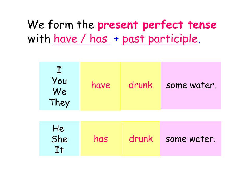 We form the present perfect tense with have / has + past participle.I You We They have drunksome water.