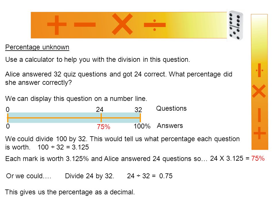 Percentage unknown Alice answered 32 quiz questions and got 24 correct.
