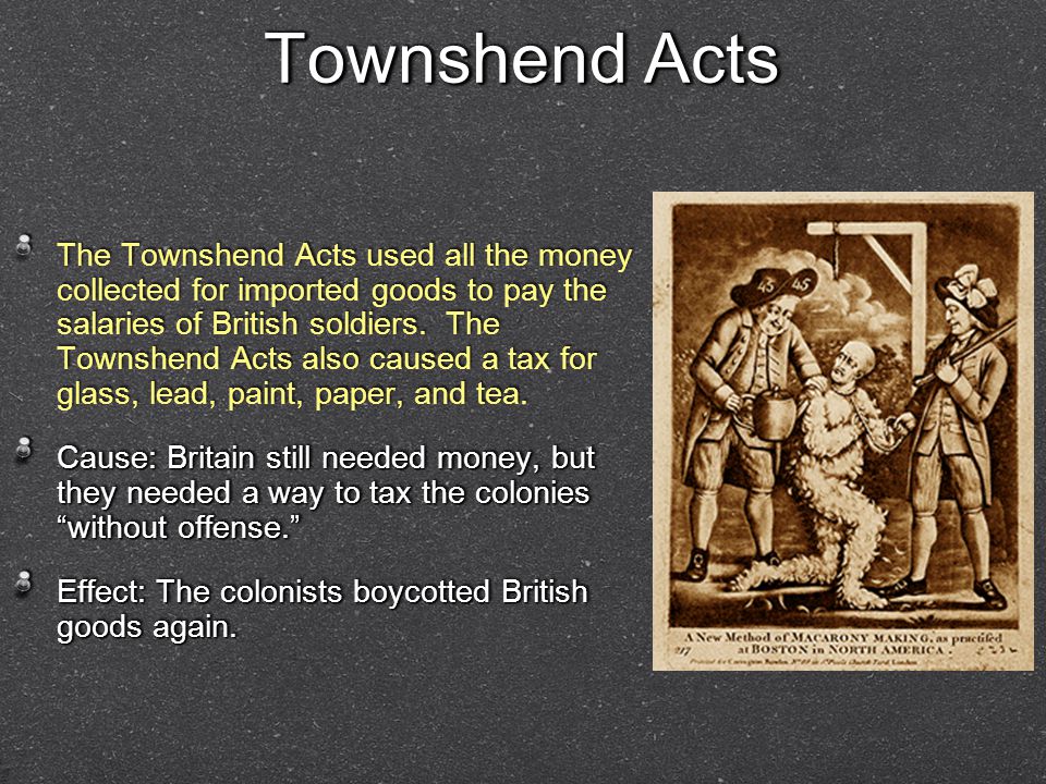 Townshend Acts The Townshend Acts used all the money collected for imported goods to pay the salaries of British soldiers.