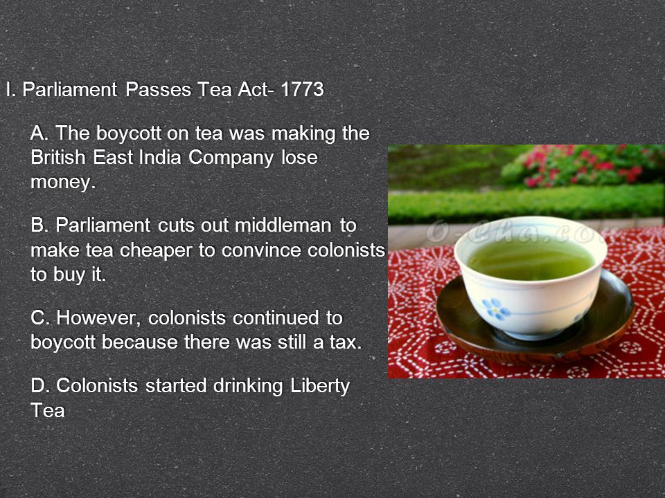 I. Parliament Passes Tea Act A.