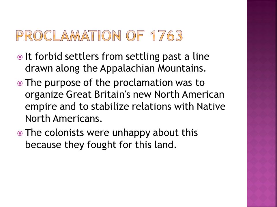  It forbid settlers from settling past a line drawn along the Appalachian Mountains.