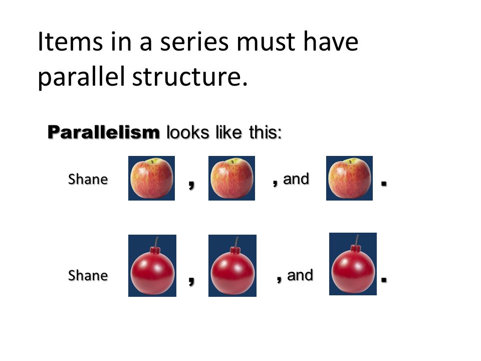 Parallelism looks like this: Items in a series must have parallel structure. Shane,, and Shane,..