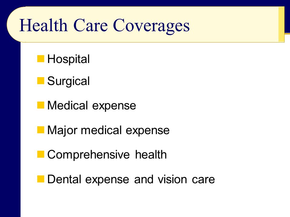 Health Care Coverages Hospital Surgical Medical expense Major medical expense Comprehensive health Dental expense and vision care