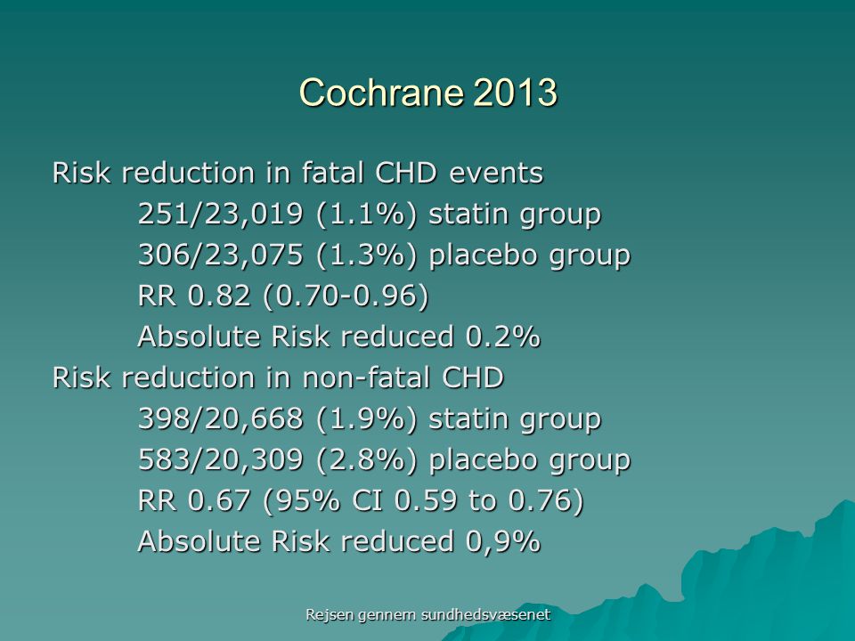 Cochrane 2013 Risk reduction in fatal CHD events 251/23,019 (1.1%) statin group 306/23,075 (1.3%) placebo group RR 0.82 ( ) Absolute Risk reduced 0.2% Risk reduction in non-fatal CHD 398/20,668 (1.9%) statin group 583/20,309 (2.8%) placebo group RR 0.67 (95% CI 0.59 to 0.76) Absolute Risk reduced 0,9% Rejsen gennem sundhedsvæsenet