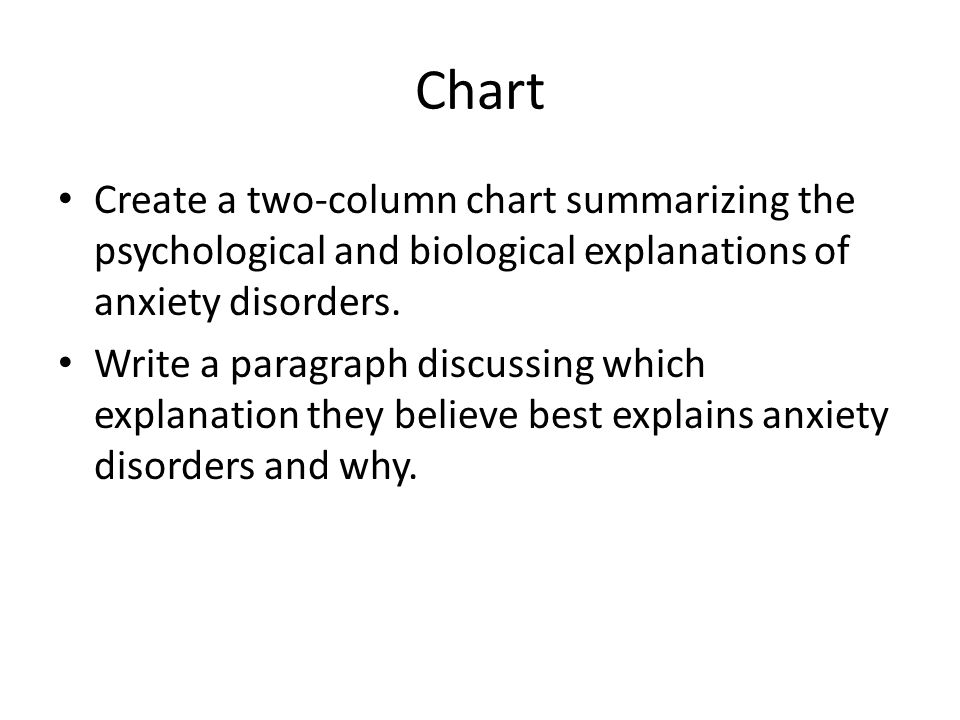 Chart Create a two-column chart summarizing the psychological and biological explanations of anxiety disorders.