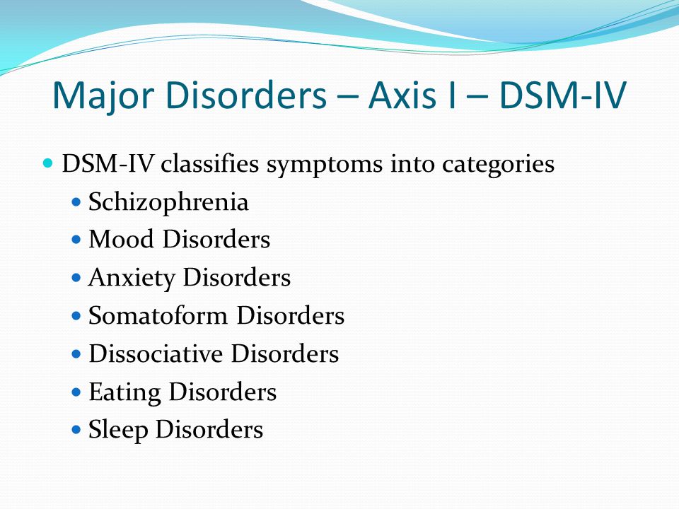 Major Disorders – Axis I – DSM-IV DSM-IV classifies symptoms into categories Schizophrenia Mood Disorders Anxiety Disorders Somatoform Disorders Dissociative Disorders Eating Disorders Sleep Disorders