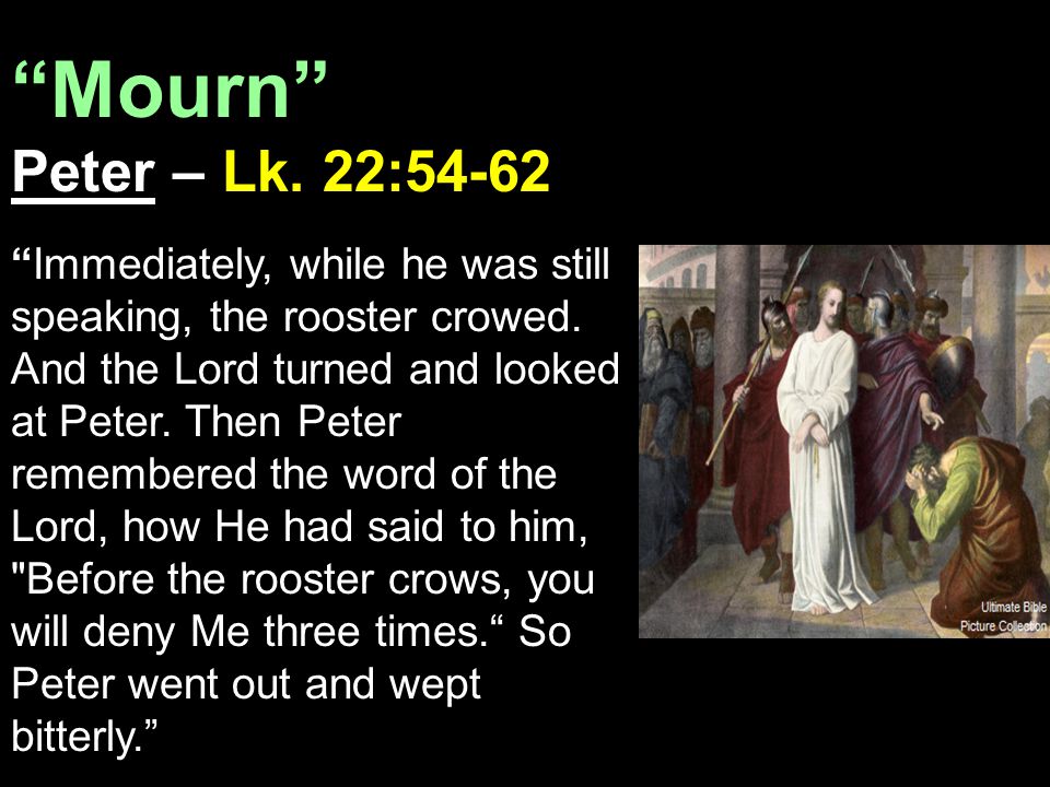 Mourn Peter – Lk. 22:54-62 Immediately, while he was still speaking, the rooster crowed.