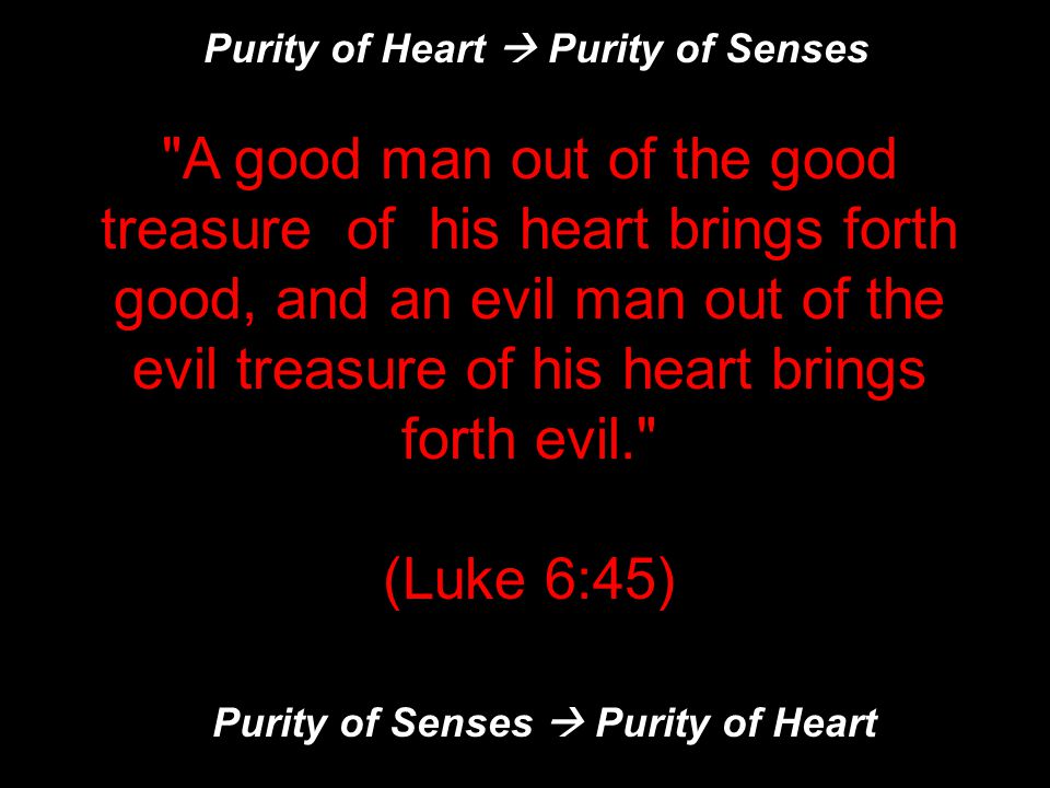 A good man out of the good treasure of his heart brings forth good, and an evil man out of the evil treasure of his heart brings forth evil. (Luke 6:45) Purity of Heart  Purity of Senses Purity of Senses  Purity of Heart