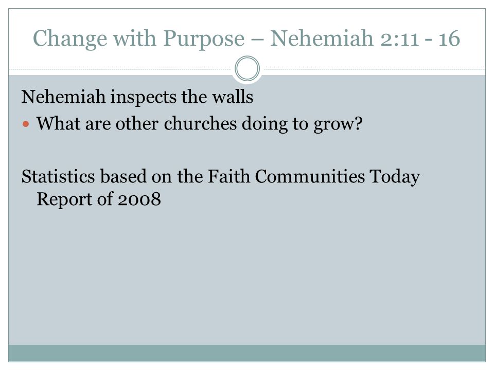 Change with Purpose – Nehemiah 2: Nehemiah inspects the walls What are other churches doing to grow.