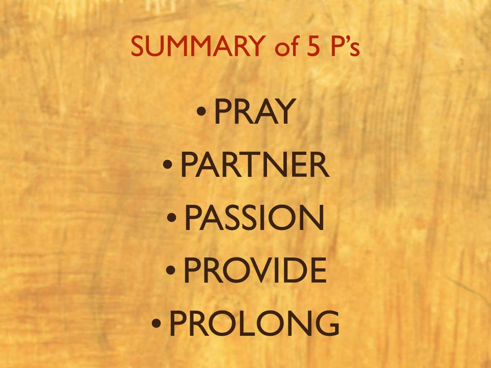SUMMARY of 5 P’s PRAY PARTNER PASSION PROVIDE PROLONG