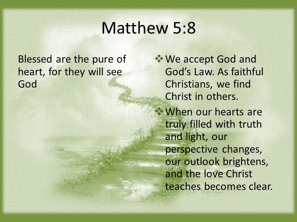 Matthew 5:8 Blessed are the pure of heart, for they will see God  We accept God and God’s Law.