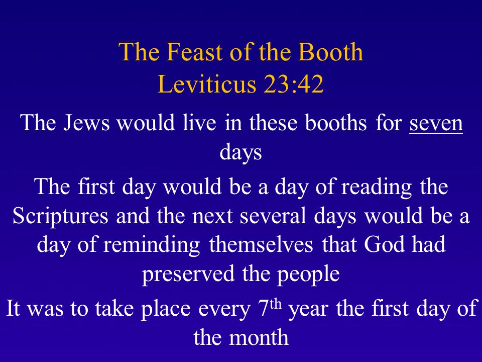 The Feast of the Booth Leviticus 23:42 The Jews would live in these booths for seven days The first day would be a day of reading the Scriptures and the next several days would be a day of reminding themselves that God had preserved the people It was to take place every 7 th year the first day of the month