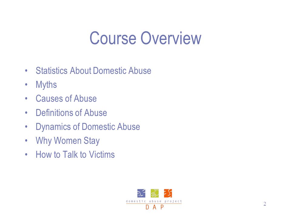 2 Course Overview Statistics About Domestic Abuse Myths Causes of Abuse Definitions of Abuse Dynamics of Domestic Abuse Why Women Stay How to Talk to Victims