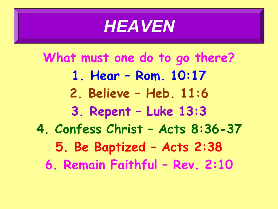 What must one do to go there. 1.Hear – Rom. 10:17 2.Believe – Heb.