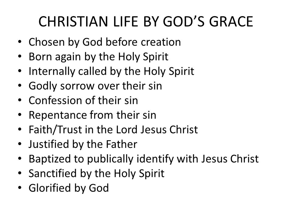 CHRISTIAN LIFE BY GOD’S GRACE Chosen by God before creation Born again by the Holy Spirit Internally called by the Holy Spirit Godly sorrow over their sin Confession of their sin Repentance from their sin Faith/Trust in the Lord Jesus Christ Justified by the Father Baptized to publically identify with Jesus Christ Sanctified by the Holy Spirit Glorified by God
