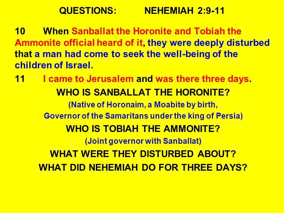 QUESTIONS:NEHEMIAH 2: When Sanballat the Horonite and Tobiah the Ammonite official heard of it, they were deeply disturbed that a man had come to seek the well-being of the children of Israel.