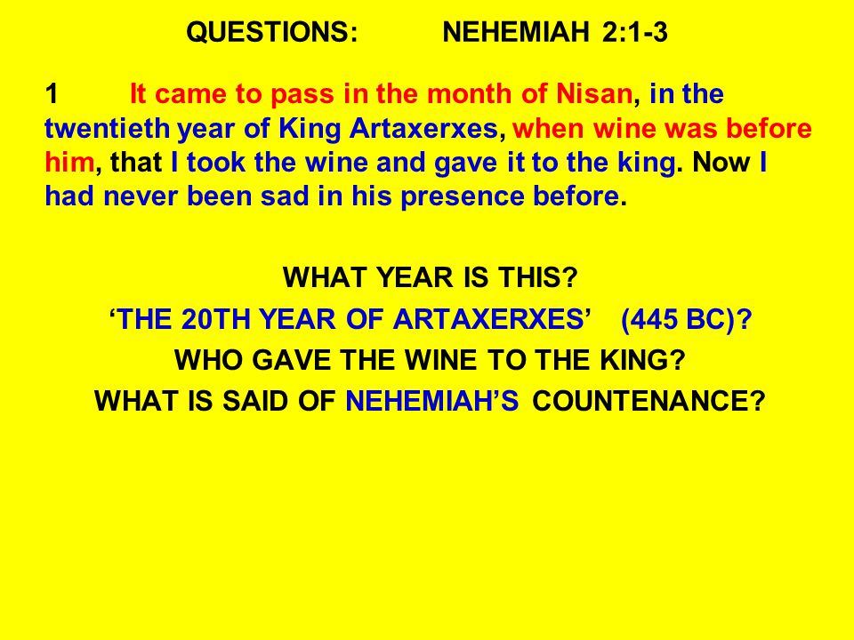 QUESTIONS:NEHEMIAH 2:1-3 1It came to pass in the month of Nisan, in the twentieth year of King Artaxerxes, when wine was before him, that I took the wine and gave it to the king.