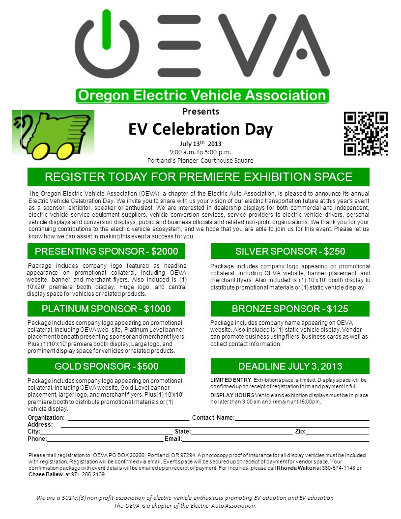 We are a 501(c)(3) non-profit association of electric vehicle enthusiasts promoting EV adoption and EV education The OEVA is a chapter of the Electric Auto Association.