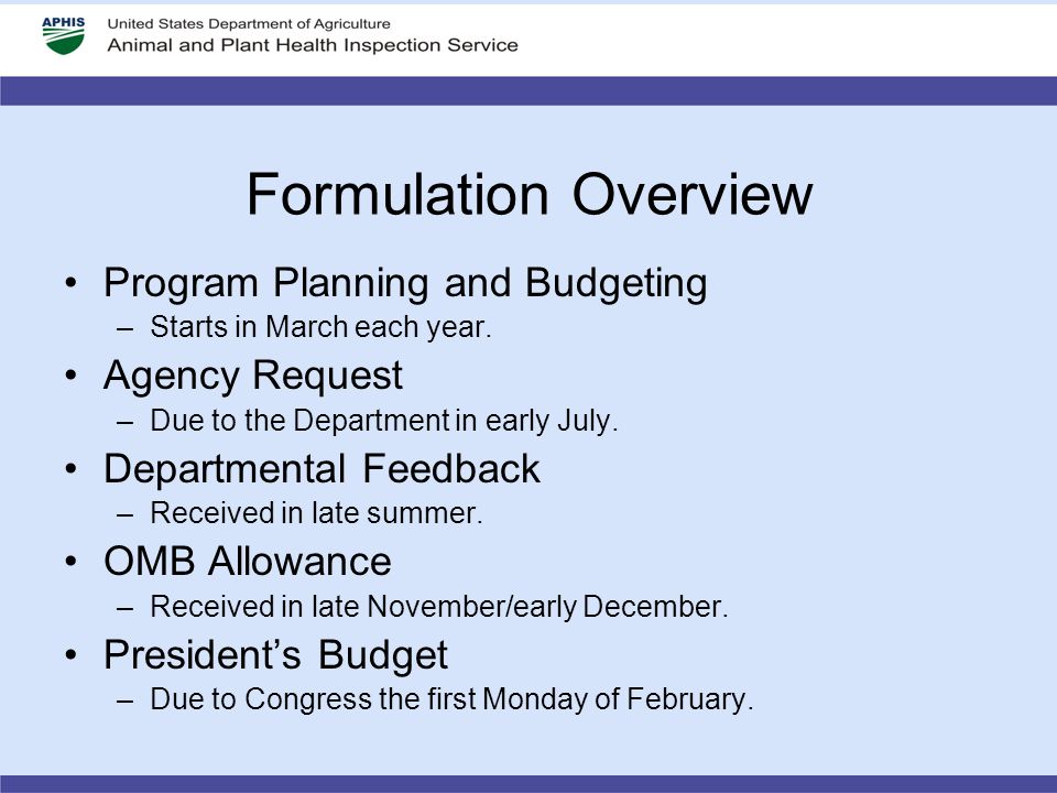 Formulation Overview Program Planning and Budgeting –Starts in March each year.
