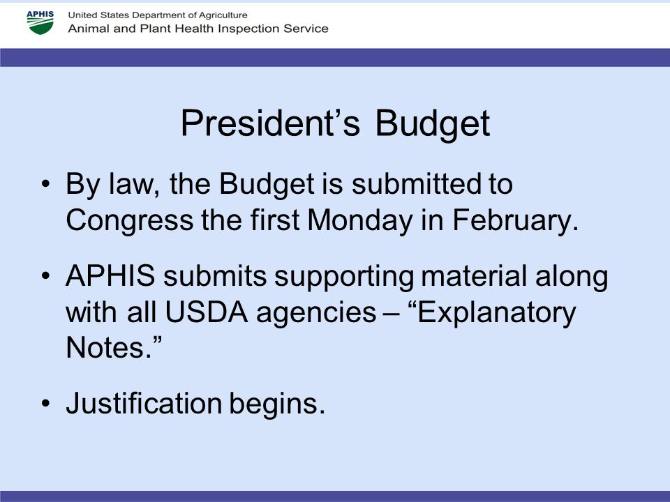 President’s Budget By law, the Budget is submitted to Congress the first Monday in February.