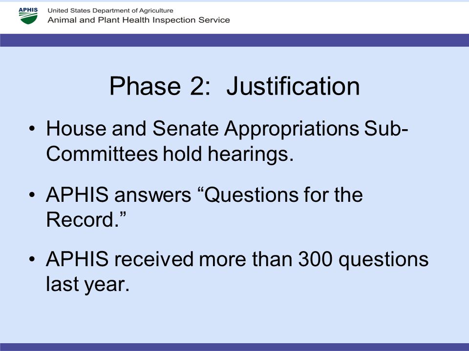 Phase 2: Justification House and Senate Appropriations Sub- Committees hold hearings.