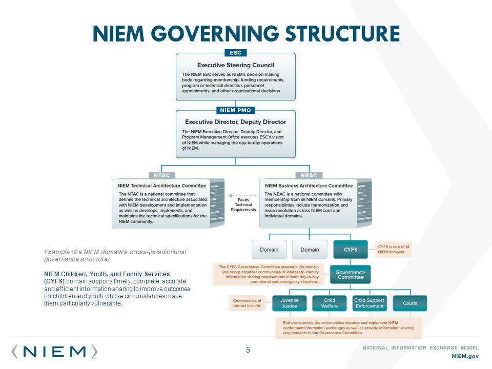 NIEM GOVERNING STRUCTURE Example of a NIEM domain’s cross-jurisdictional governance structure: NIEM Children, Youth, and Family Services (CYFS) domain supports timely, complete, accurate, and efficient information sharing to improve outcomes for children and youth whose circumstances make them particularly vulnerable.