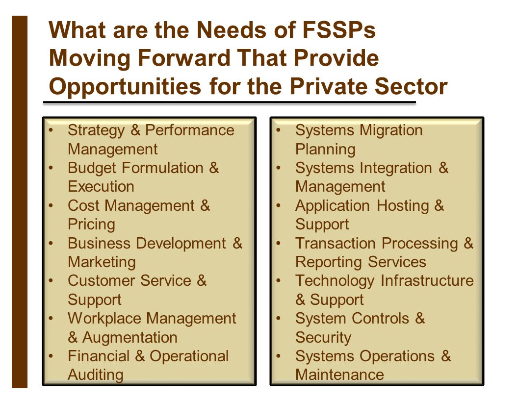What are the Needs of FSSPs Moving Forward That Provide Opportunities for the Private Sector Strategy & Performance Management Budget Formulation & Execution Cost Management & Pricing Business Development & Marketing Customer Service & Support Workplace Management & Augmentation Financial & Operational Auditing Systems Migration Planning Systems Integration & Management Application Hosting & Support Transaction Processing & Reporting Services Technology Infrastructure & Support System Controls & Security Systems Operations & Maintenance