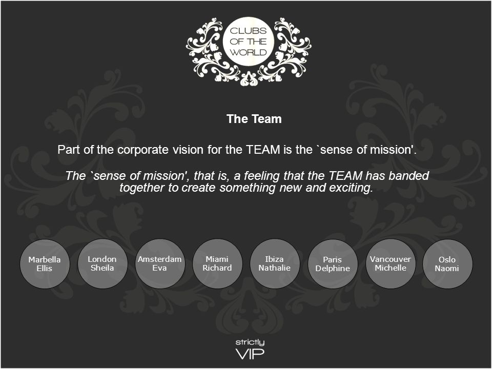 The Team Part of the corporate vision for the TEAM is the `sense of mission .