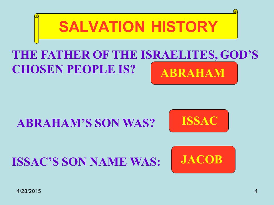 4/28/20154 SALVATION HISTORY JACOB ISSAC ABRAHAM THE FATHER OF THE ISRAELITES, GOD’S CHOSEN PEOPLE IS.