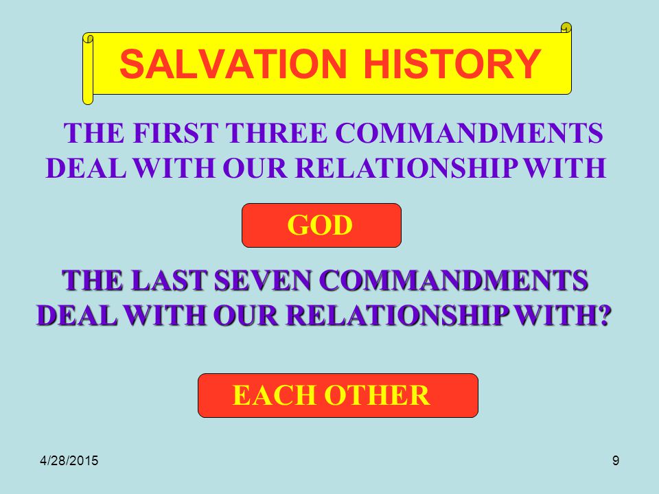 4/28/20159 EACH OTHER GOD SALVATION HISTORY THE LAST SEVEN COMMANDMENTS DEAL WITH OUR RELATIONSHIP WITH.