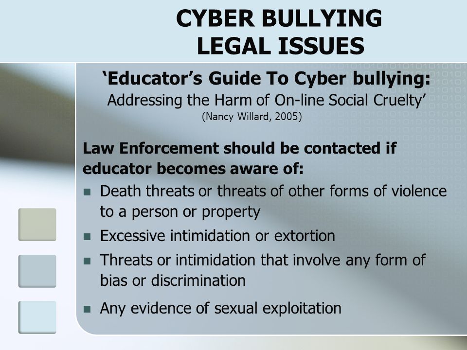 CYBER BULLYING PREVALENCE Aftab’s statistics: {   90% of middle school students they polled had their feelings hurt online  65% of their students between 8-14 have been involved directly or indirectly in a cyber bullying incident as the cyber bully, victim or friend  50% had seen or heard of a website bashing of another student  75% had visited a website bashing  40% had their password stolen and changed by a bully (locking them out of their own account) or sent communications posing as them  Problems in studies: not assessing the ‘real thing’ i.e.